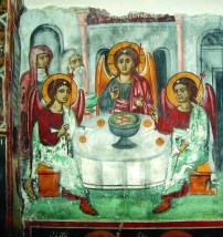 Фреска «Ветхозаветная Святая Троица» в алтарном пространстве. XVI век. Церковь Святого Иоанна Предтечи в Аскасе.